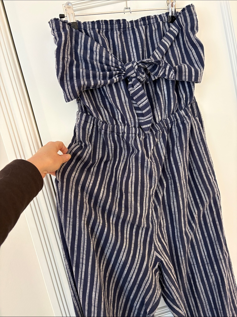 Aerie Navy and White Striped Strapless Jumpsuit with Cute Tie Bust - Picture 2 of 11